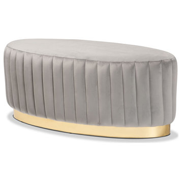Josefina Glam Luxe Gray Velvet Fabric and Gold PU Leather Ottoman