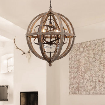 Rustic Weathered Wood Globe Chandelier Metal Crystal Ceiling Light, Large