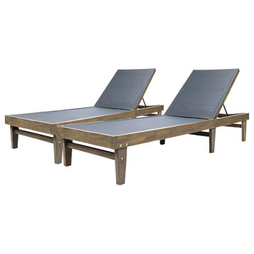 GDF Studio Shiny Outdoor Mesh and Wood Chaise Lounge, Set of 2, Gray/Dark Gray