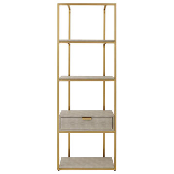 Nicole Miller Chayton Bookshelf, Faux Shagreen 23.6Lx15.5Wx68H, Cream White/Gold