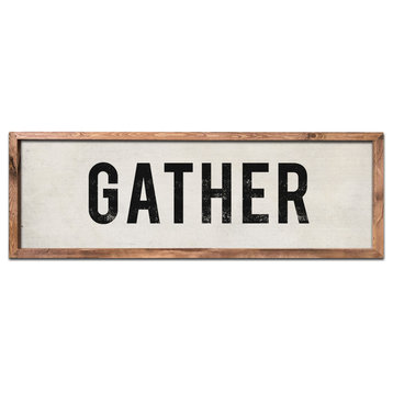 Wood Gather Sign, Hand-painted Farmhouse Sign, 12x36, Brown Frame