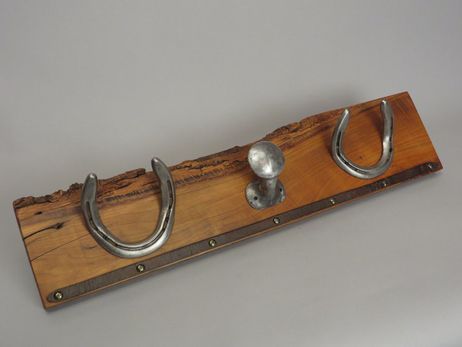 #R15068 Coat Rack Reclaimed Butternut, horseshoes, Saddle Horn, leather.