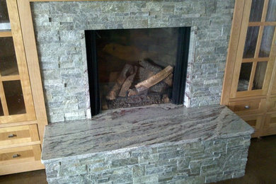Example of a mountain style formal and open concept dark wood floor and brown floor living room design in Seattle with green walls, a standard fireplace and a tile fireplace