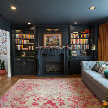 Monochromatic Fireside Elegance: A Radiant Transformation with Built-in Shelving
