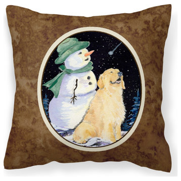 Ss8577Pw1414 Golden Retriever With Snowman, Green Hat Pillow