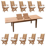 Teak Deals - 11-Piece Outdoor Teak Dining Set, 122" Rectangle Table, 10 Warwick Arm Chairs - Our Teak Dining Set is a uniquely modern interplay of very durable teak wood featuring our beautiful Teak Chairs. Our teak wood is certified to withstand the rigors of adverse climates however because of Teak's well known micro-smooth finish and quality craftsmanship many use our furniture indoors as well. Rich in oil finely grained and precisely fashioned with mortise-and-tenon joinery.