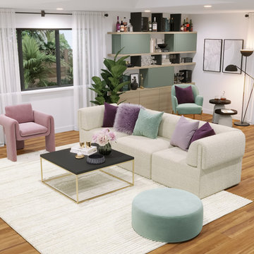 Modern Living Room And Kitchen With Purple and Mint Accents