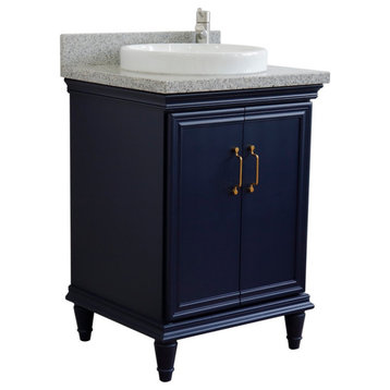 25" Single Vanity, Blue Finish With Gray Granite And Round Sink
