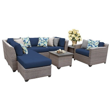 Bowery Hill 8 Piece Traditional Wicker/Fabric Patio Sofa Set in Navy/Brown