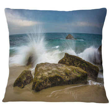 Waves Crashing Rocks at Woods Cove Seascape Throw Pillow, 16"x16"
