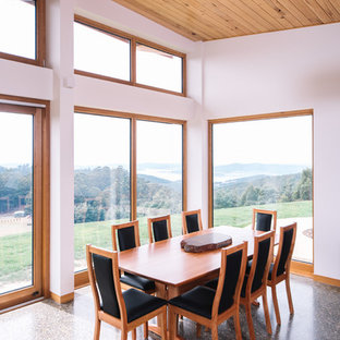 ホバートのコンテンポラリースタイルのLDKの画像 (白い壁、コンクリートの床、薪ストーブ、石材の暖炉まわり、グレーの床)