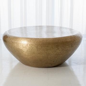 Hammered Brass Drum Round Coffee Table, Large Minimalist Modern Gold 47"
