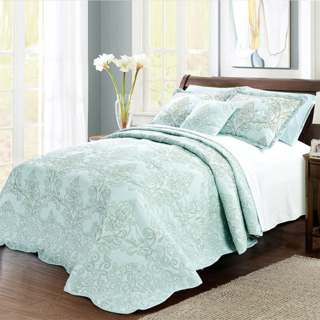 Damask Embroidered Quilted 4 Piece Bed Spread Sets, Light Blue, Queen