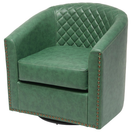 Wide Tufted Faux Leather Barrel Small Swivel Chair, Green, Single