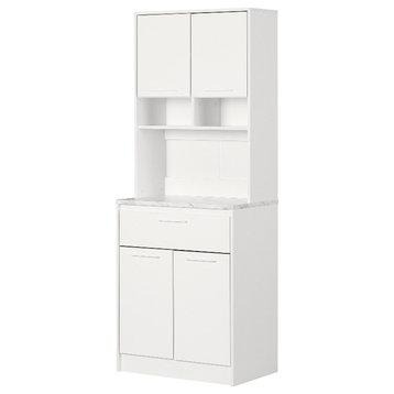 Pemberly Row Pantry Cabinet with Microwave Hutch Faux White Marble
