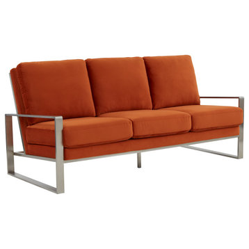 Leisuremod Jefferson Modern Design Velvet Sofa With Silver Frame Orange