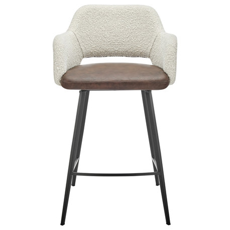 Desi Swivel Counter Stool, Ivory Fabric, Dark Brown Leatherette, Black Base