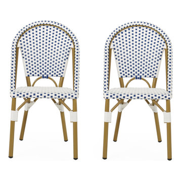 Baylor Outdoor French Bistro Chair, Set of 2, Blue/White/Bamboo Print Finish