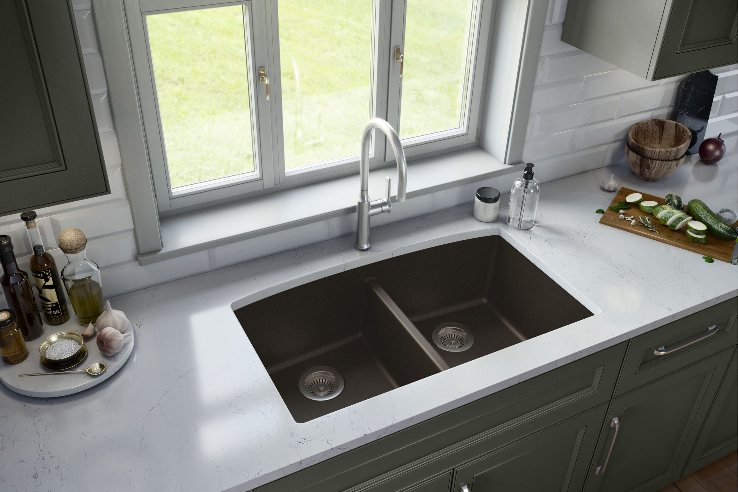Karran Undermount Quartz 32" 50/50 Double Bowl Kitchen Sink Kit, Brown