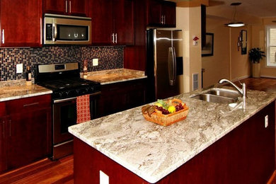 Inspiration for a mid-sized contemporary galley dark wood floor open concept kitchen remodel in Orlando with a double-bowl sink, shaker cabinets, dark wood cabinets, granite countertops, multicolored backsplash, mosaic tile backsplash, stainless steel appliances and an island