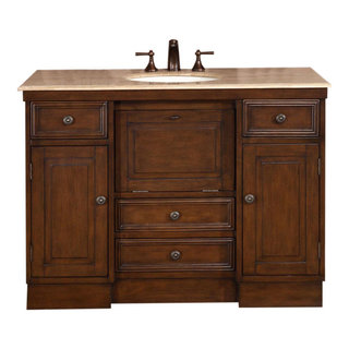 Silkroad Exclusive 55-in Dark Walnut Undermount Double Sink Bathroom Vanity  with Travertine Top in the Bathroom Vanities with Tops department at