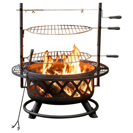 33" Diameter Outdoor Steel Woodburning Fire Pit Grill and Rotisserie