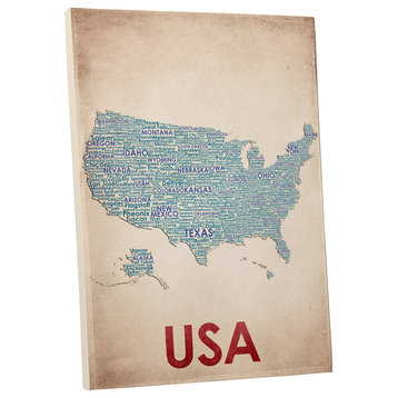 USA Cities Map Gallery Wrapped Canvas Wall Art, 45"x30"