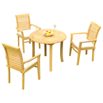 4-Piece Outdoor Teak Dining Set: 36" Round Table, 3 Mas Stacking Arm Chairs
