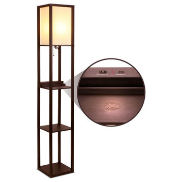 Brightech Maxwell Shelf Floor Lamp With Wireless Charging, Havana Brown