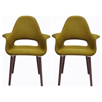 Fabric With Arms Organic Dining Chairs Armchairs Dark Brown Wooden Legs Set of 2, Green