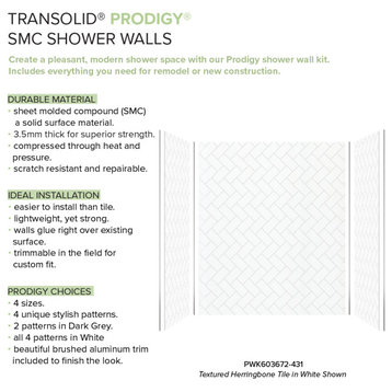 Transolid PWK603672-431 Prodigy 60"x36"x72" Shower Wall Kit, White Herringbone