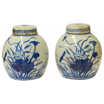 Pair Blue White Mini Oriental Flower Graphic Porcelain Ginger Jars Hws1873