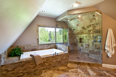 Large transitional master beige tile bathroom photo in Other with a one-piece toilet, beige walls, a drop-in sink and a hinged shower door