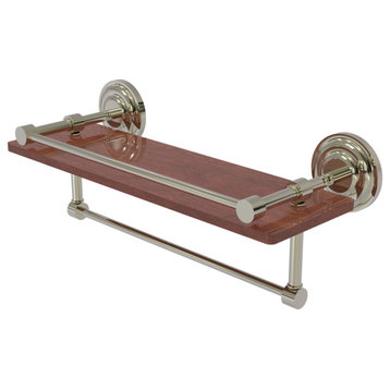 Que New 16" Wood Shelf with Gallery Rail and Towel Bar, Polished Nickel