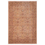 Bareens Designer Rugs - Classic Ziegler Leandra Tan Brown Hand-Knotted Wool Rug - 6'3'' x 9'4'' - Enhance the ambiance of your home with this magnificent Persian-influenced Turkish hand-knotted rug made by skilled artisans capable of creating the most exceptional vegetable dyes and hand-spun wool. This exquisite handmade rug is a one-of-a-kind Peshawar Kafkaz, otherwise identified as Chobi, Chobi Peshawar, Oushak, or Ziegler rug. These handmade rugs are crafted in Pakistan utilizing superior-quality wool imported from Australia, New Zealand, and Korea in two types of weaves: the Persian weave and the Mori weave. This rug is meticulously crafted by hand using the finest natural vegetable dyes extracted from local plants. The artisans use a blend of hand-spun local and fine merino wool, resulting in a rug with a compelling texture, higher lanolin content, and longer staple. The artisans occasionally incorporate natural or artificial silk into the pile to enhance specific motifs. The finished product is an awe-inspiring execution of flawless design and an understated palette that exudes elegance.