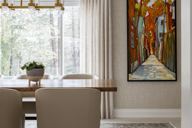 Large transitional porcelain tile, beige floor, coffered ceiling and wallpaper kitchen/dining room combo photo in Toronto with beige walls and no fireplace