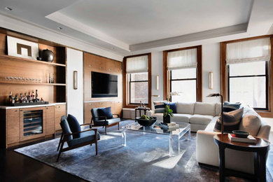 Living room - contemporary dark wood floor and brown floor living room idea in Other with white walls, no fireplace and a wall-mounted tv