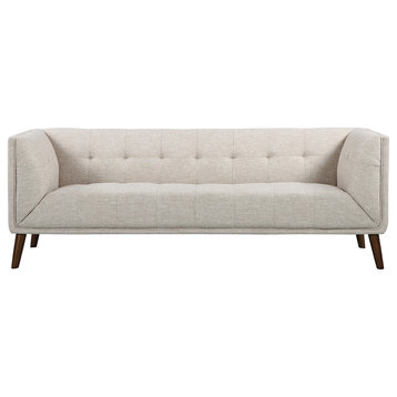 Hudson Mid-Century Button-Tufted Sofa, Walnut, Beige