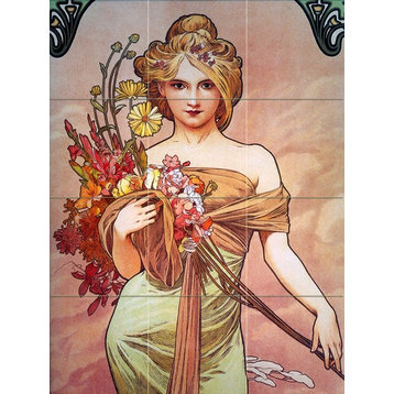 Tile Mural Poster Girl Flowers Details, Marble
