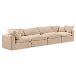 Meridian Furniture - Comfy Upholstered Modular Sofa, Beige, 4-Piece: 2 Armless Chair, 2 Corner Chair, Velvet - Give your space a whole new look with this beige Comfy velvet sofa. This handsome sofa fits nicely with other items in the Comfy collection and is a versatile seating option designed for adaptability, comfort and style. Wrapped in rich beige durable velvet upholstery, this sofa offers a plush embrace of overstuffed down feather cushions, carefully crafted to deliver the highest level of comfort. The perfect seat for creating an oasis for relaxation, this sofa has thick foam surrounding its frame for added support and coziness.