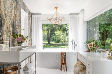 Inspiration for a small modern master porcelain tile, white floor and single-sink freestanding bathtub remodel in Houston with open cabinets, white cabinets, multicolored walls, an undermount sink, quartz countertops, white countertops and a freestanding vanity
