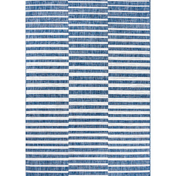 Sukie Modern Offset Stripe Indoor/Outdoor Area Rug, Blue, Ivory, 4x6
