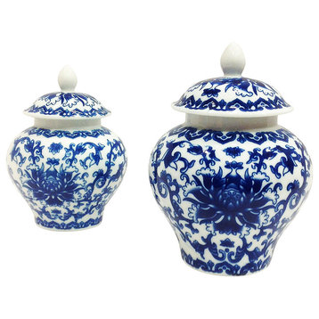 Ancient Chinese Style Blue and White Porcelain Tea Storage Jar, Large