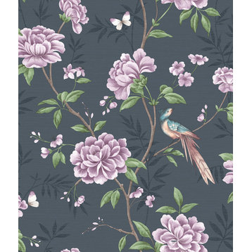 Akina Navy Floral Wallpaper, Swatch