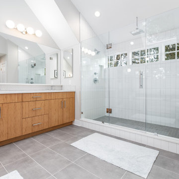Master Bathroom with Bamboo Cabinet and Penny Tiles