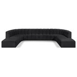 Meridian Furniture - Arc Vegan Leather Upholstered 10-Pc. U-Shaped Modular Sectional, Black - Unleash modern opulence with the Arc Vegan Leather 10pc. Sectional. Crafted for the modern connoisseur, this Sectional injects an air of refined luxury into any space. Its sleek silhouette, upholstered in supple black vegan leather, exudes timeless sophistication while the deep channel tufting adds textural intrigue, further elevating the chair's visual appeal. The modular design makes it a versatile chameleon, effortlessly adapting to your evolving needs and preferences. Whether you envision it gracing a chic living room corner, basking in the glow of a bedroom window, or adding a touch of drama to a home office, the Arc seamlessly complements your unique interior aesthetic.