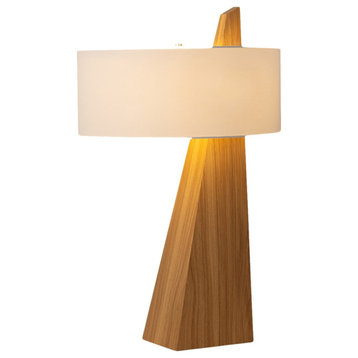Obelisk Table Lamp, Natural Ash Wood Finish, White Cotton-Linen Shade