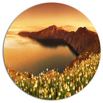 Sunrise Wildflowers On Santorini, Modern Flower Disc Metal Artwork, 23"