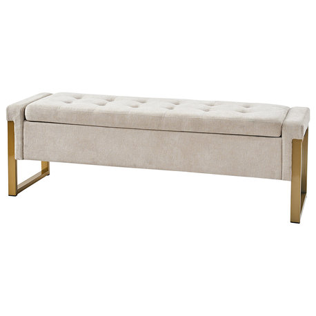48"W Modern Upholstered Flip Top Storage Bench With Metal Legs, Beige