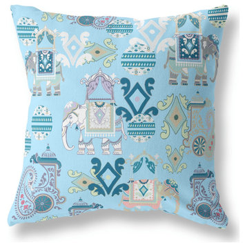 20" X 20" Sky Blue And White Broadcloth Floral Throw Pillow
